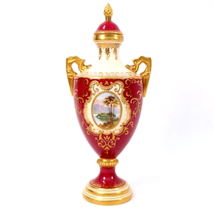 Coalport Red Vase Cover Lake view Hand Painted Maroon Red Yellow V5327 1900s - Picture 1 of 17