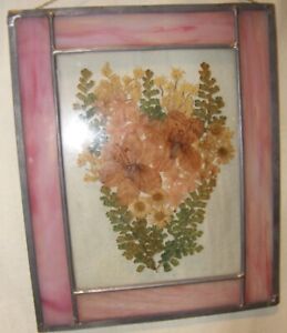 Vintage Stained Glass with Dried Flowers Window Hanger 