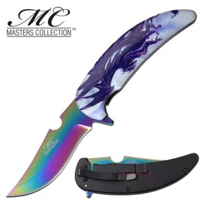 Coltello Pieghevole Spring-Assist | Lama Specchio Arcobaleno Lama 4" Fantasia Drago Oscuro - Foto 1 di 5