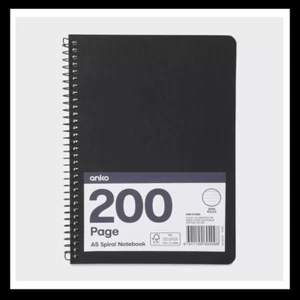 A5 Spiral Notebook Ruled Pages Spiral Bound 200 Pages 58 GSM Home Office - Black - Picture 1 of 3
