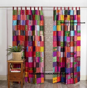 Indian Old Silk Sari Saree Boho Multi Curtain Door Drape Decor Silk Drapes India - Picture 1 of 4
