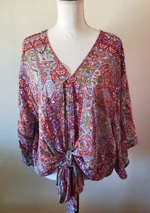 Just Polly Women's XL Tie-Front Top V-Neck Boho Kimono Sleeve Paisley Multi - Picture 1 of 9