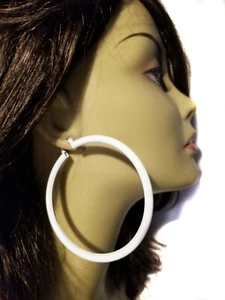 LARGE WHITE HOOP EARRINGS TUBE THICK ROUND PIPE 3 INCH HOOPS LIGHTWEIGHT - Picture 1 of 3