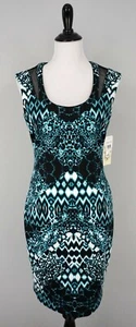 New SANGRIA Blue Black Turquoise White Stretch Lace Bodycon Pencil Dress Size 6 - Picture 1 of 7