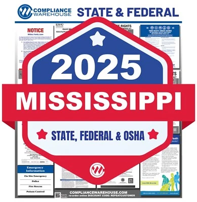 COMPLIANCE WAREHOUSE 2025 Mississippi MS StateFed Labor Law All In1 Compliance Poster Paper/Laminated