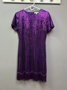 Francesca's Dress Womens Medium Purple Sequin Short Sleeve Fringe Party Cocktail - Picture 1 of 9