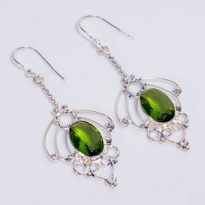 Peridot Gemstone Vintage Handmade 925 Sterling Silver Earrings 2.5" KE-440 U112 - Image 1 of 4