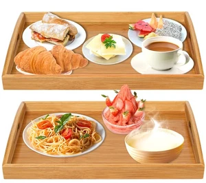 2 Pack Bamboo Serving Tray with Handles, Portable Bed Tray for Breakfast Dinn... - Picture 1 of 7