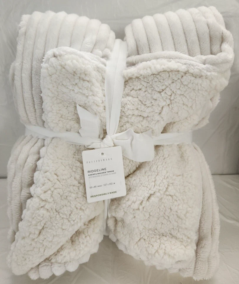 Pottery Barn Ridgeline Sherpa Backed Throw 50" x 60" Ivory - Image 1 of 1
