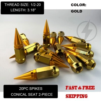 20Pc Gold 3.18'' 2Pc Spike Lug Nuts 1/2-20 Bulge Acorn For Jeep 5x4.5 5x5 5x5.5 - Image 1 of 4