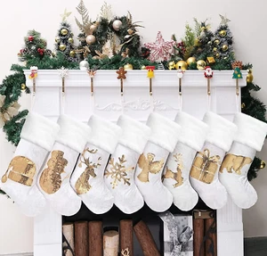 Christmas Stockings 8 Pack for Family 20" Gold Sequins White Velvet with Soft Fa - Picture 1 of 6