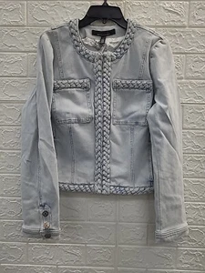 New White House Black Market Stylist Braided Cropped Denim Blue Jacket Size 8 - Picture 1 of 6