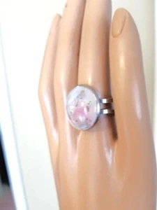 Opal Ring Pale Pink Resin Opal in Tarnish Free Stainless-Steel Silver or Gold - Picture 1 of 8
