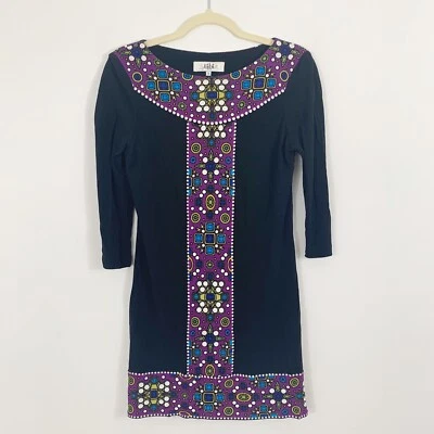 Tibi Shift Dress Size Small Black Purple Geometric 3/4 Sleeves Stretch Rayon - Image 1 of 4