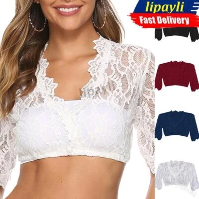 Frauen Spitze Dirndlbluse 3/4 Arm weiß Trachten Oktoberfest Bluse Wrap Crop Tops - Bild 1 von 4