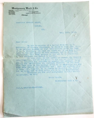 1912 Letter, Montgomery Ward & Co, Catalog Business, Chicago, Illinois - Image 1 of 2