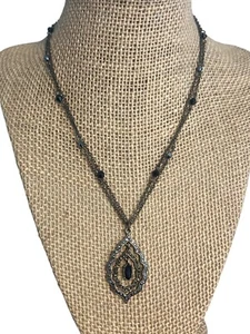 Vintage 80s SAQ Avon Double Chain Necklace Black Rhinestone Marcasite Pendant - Picture 1 of 5