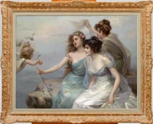Handmade Old Master-Art Antique Oil Painting girl Fairy cupid on canvas 30"x40" - Picture 1 of 2