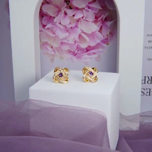 Elegantes aretes postes de pasador de joyería de moda con piedra de nacimiento color amatista de febrero - Imagen 1 de 4