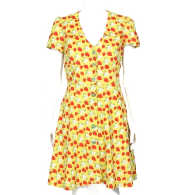 BEA & DOT Modcloth Retro Twee Yellow Red Strawberry Puff Sleeve Dress sz L /125 - Image 1 of 4