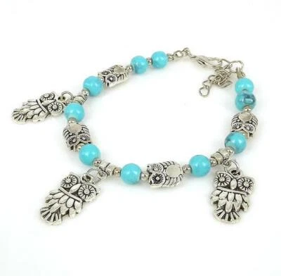 Ladies Tibetan Silver Owl Bracelet Blue Bead Bangle Woman Bracelet - Image 1 of 2