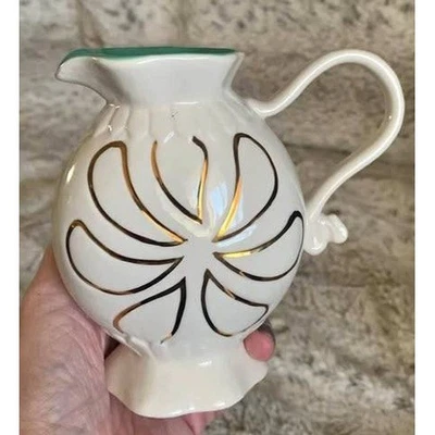 Jarra de cerámica MCM vintage estilo Anthropologie - diseño de hoja de oro y aguamarina Foto 1 de 3