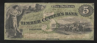 1861 $5 TIMBER CUTTER'S BANK SAVANNAH, GA OBSOLETE BANK NOTE GEORGIA 0256 - Image 1 of 2