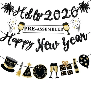 Happy New Year Banner Black Glitter Pre-Strung Hello 2026 NYE Banner New Year... - Bild 1 von 7