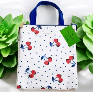 NWT Kate Spade White Blue Red Cherries Polka Dots Insulated Lunch Tote Hand Bag - Picture 1 of 12
