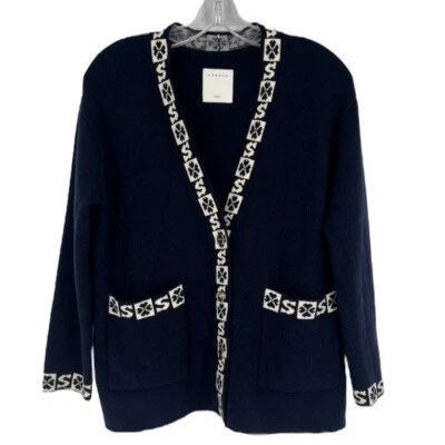 Sandro 标志装饰设计师羊毛混纺海军蓝经典 V 领开衫毛衣 0 — 第 1/4 张图片