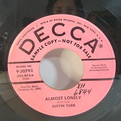 JUSTIN TUBB Almost Lonely/Mine Is A Lonely Life Decca Promo 45 Rockabilly Vinyl - Image 1 of 4