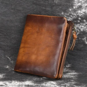 Vintage Men's Real Genuine Leather Zipper Wallet Bifold Coin Purse Card Holder - Picture 1 of 10