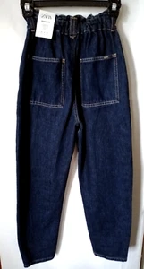 New ZARA High Rise Baggy Jeans Denim NWT Women’s Size 0 Elastic Waist Dark Blue - Picture 1 of 3