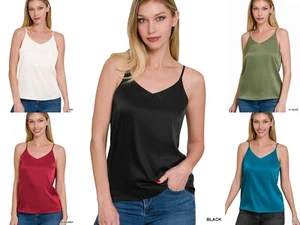Women's V Neck Satin Cami Sleeveless Silky Smooth Shiny Tank Top Spaghetti Strap - Picture 1 of 15