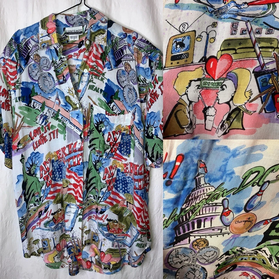 AMAZING VINTAGE MENS S 1980s CONTEMPO CASUALS AMERICANA PATRIOTIC FLAG USA SHIRT - Image 1 of 4