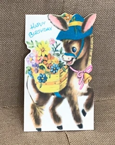 Cesta de flores de burro Buzza Cardoza de colección tarjeta de cumpleaños usada kitsch caprichosa - Imagen 1 de 4