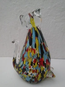 Multicolored Hand Blown Art Glass Cat Figurine Paperweight Confetti 5.5"  - Picture 1 of 9