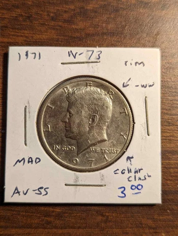 1971 KENNEDY HALF DOLLAR MIS-ALIGNED DIE & COLLAR CLASH, AU ERROR COIN W-73 Cover