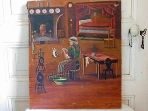 Oil on Canvas Naif " Scene From Style Farm Peasant Woman Cat And Chimney " - Picture 1 of 12