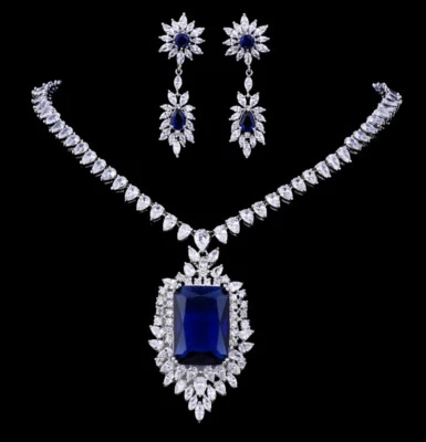 18K White Gold Plated Lab-Created Blue Sapphire Necklace Earrings Elegant Gift - Image 1 of 4