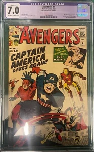 AVENGERS #4 CGC 7.0 RESTORED OFF WHITE TO WHITE (1ST SA CAPTAIN AMERICA) - Picture 1 of 4