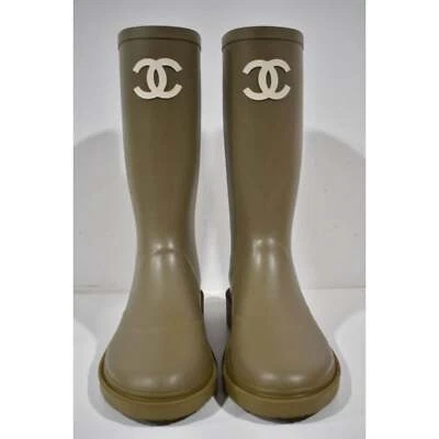 Chanel 22K Dark Beige Caoutchouc White CC Logo High Pull On Rubber Rain Boots 40 - Image 1 of 4