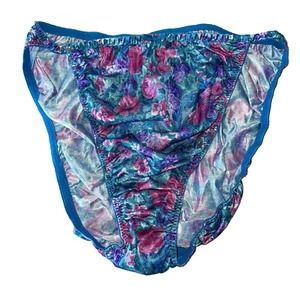 80s 90’s VTG Delicates Satin String Bikini Panty Size 7 Blue Purple Floral - Picture 1 of 7