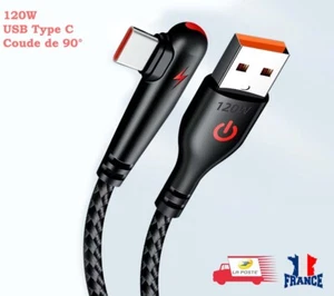 Câble Chargeur Rapide 120W USB Type C Transfert de Données Coude 90° Résistant - Picture 1 of 6