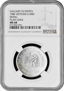 Vietnam 100 dong 1986, NGC MS68, "Calgary Olympics - Skiing" silver coin - Picture 1 of 2