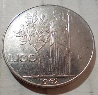 100 Lire 1962 Italy Goddess Minerva Olive Tree Spear Acmonital Coin - Image 1 of 2