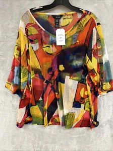Ali Miles Top Damen 1X Art To Wear Mesh Stretch Burnout Bunt Aquarell - Bild 1 von 9