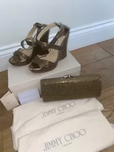 JIMMY CHOO LUCIA GLITTER BRONZE WEDGE SANDALS & MATCHING CLUTCH BAG - Picture 1 of 14