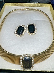 Strass Vintage Ohrring Halskette schwarz Baguette goldfarben Panzer - Bild 1 von 4