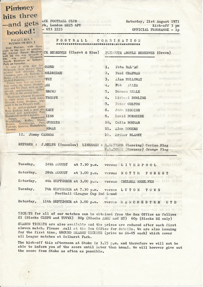 Crystal Palace Reserves v Plymouth Argyle (Combination) 1971/1972 - Image 1 of 1